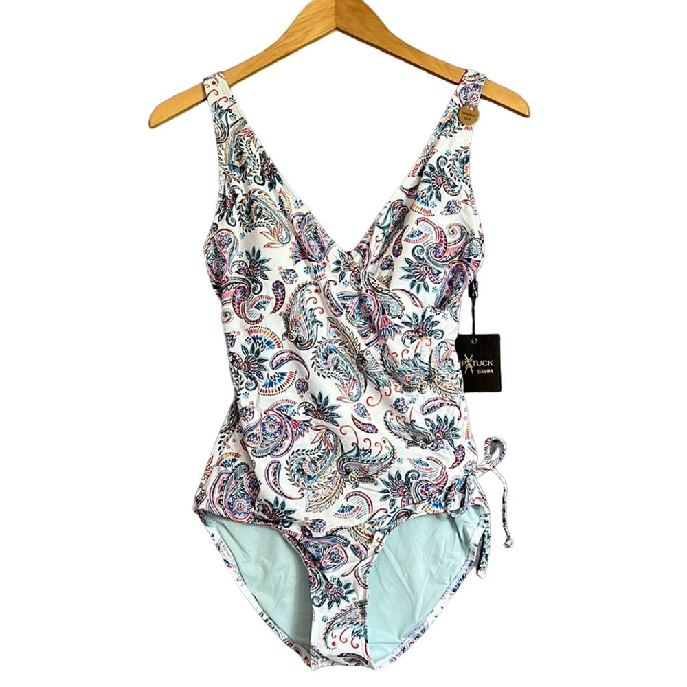 Nip Tuck Paisley One-Piece Swimsuit in White and Light Blue - Comfort Wrap Style
